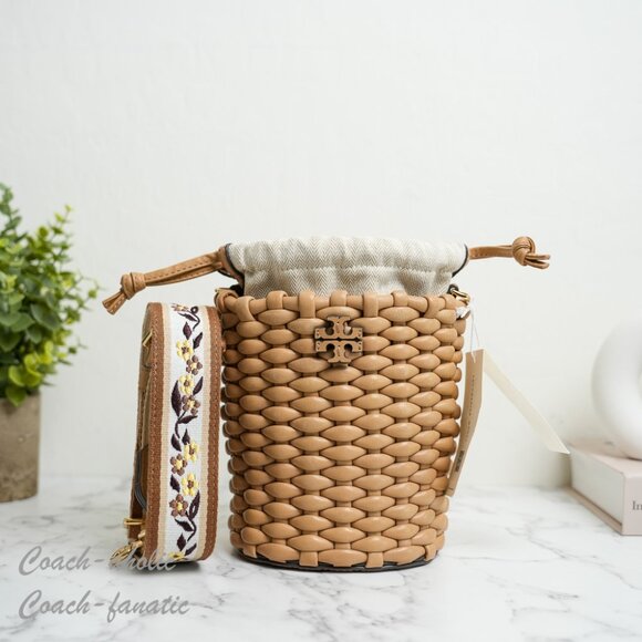NWT  Tory Burch Emerson Woven Mini Bucket Bag in Ginger Shortbread 160648 - Picture 4 of 12